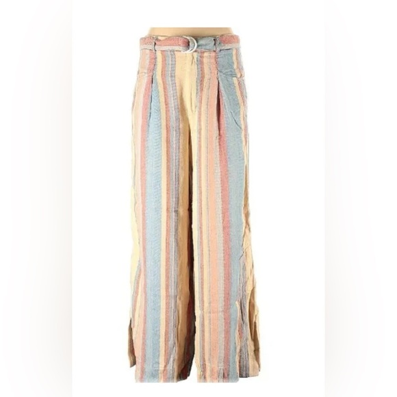 Anthropologie Beachy Wide Leg Soft Neutral Linen Coastal Striped Pants 10 Petite - Picture 8 of 8